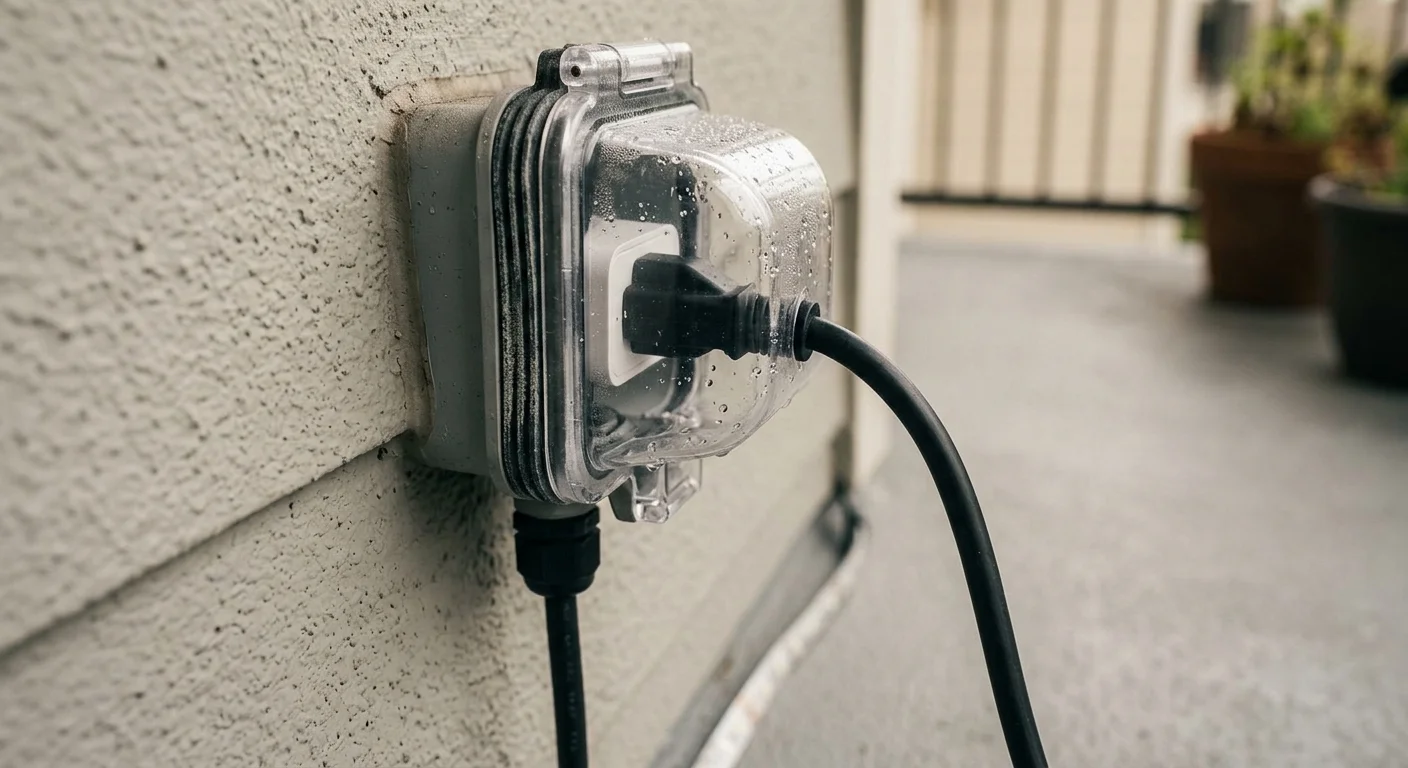 Outdoor electrical outlet with a clear weatherproof in-use cover housing a black plug, mounted on an exterior stucco wall.