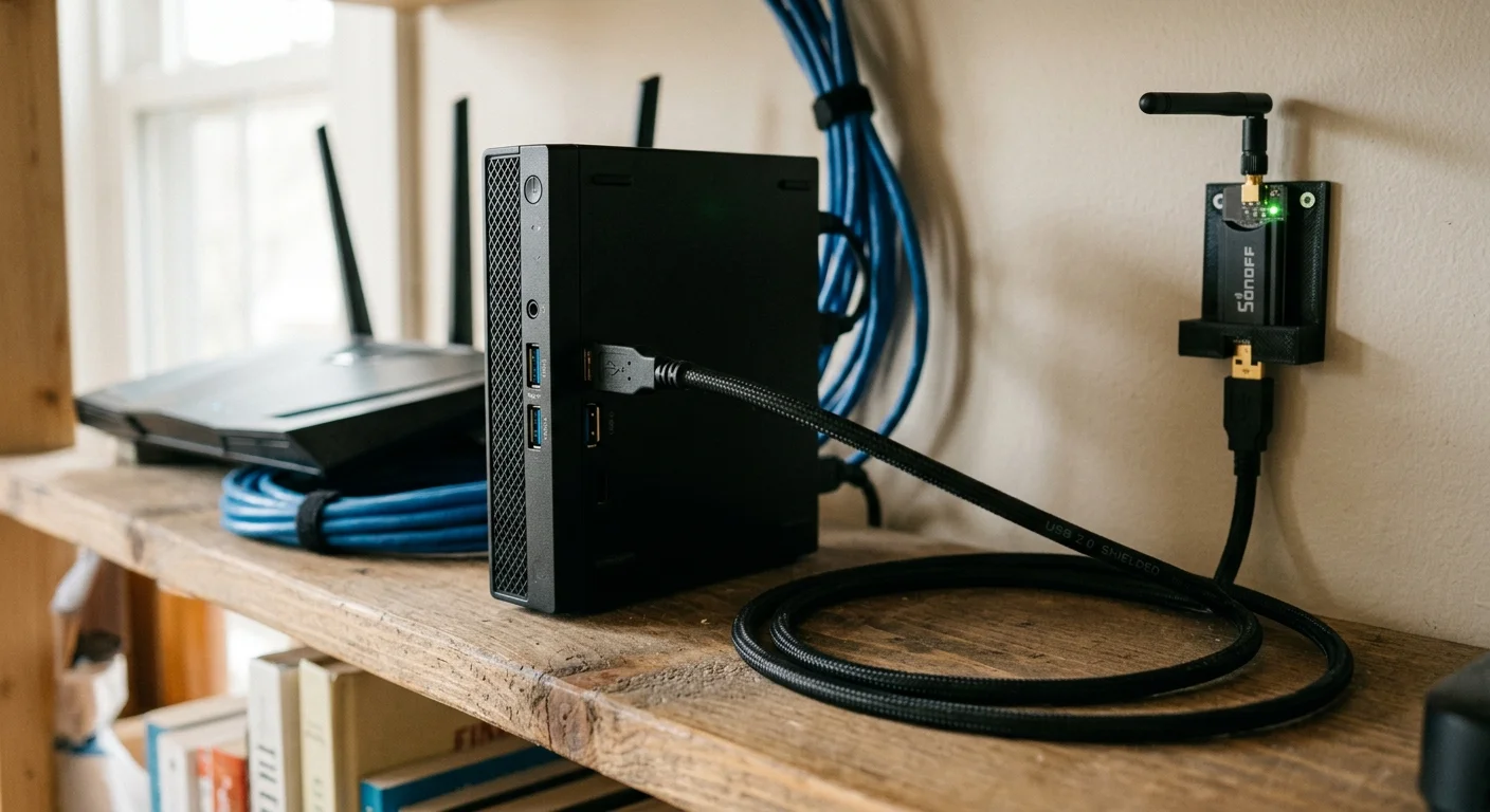 Small black computer connected via a long braided USB extension cable to a wall-mounted Sonoff radio dongle.