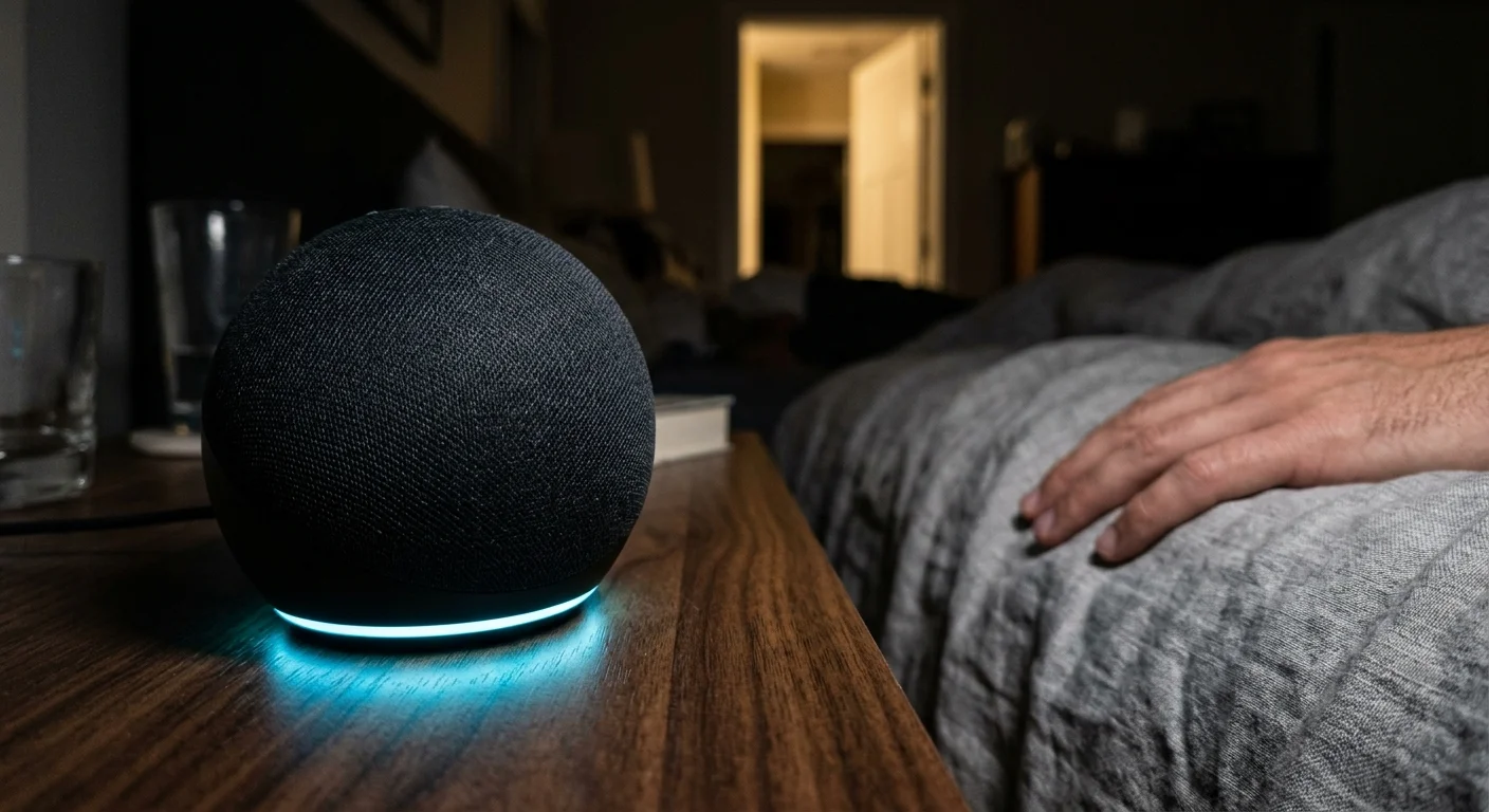 A spherical Amazon Echo speaker with a glowing cyan light ring on a wooden nightstand next to an occupied bed.