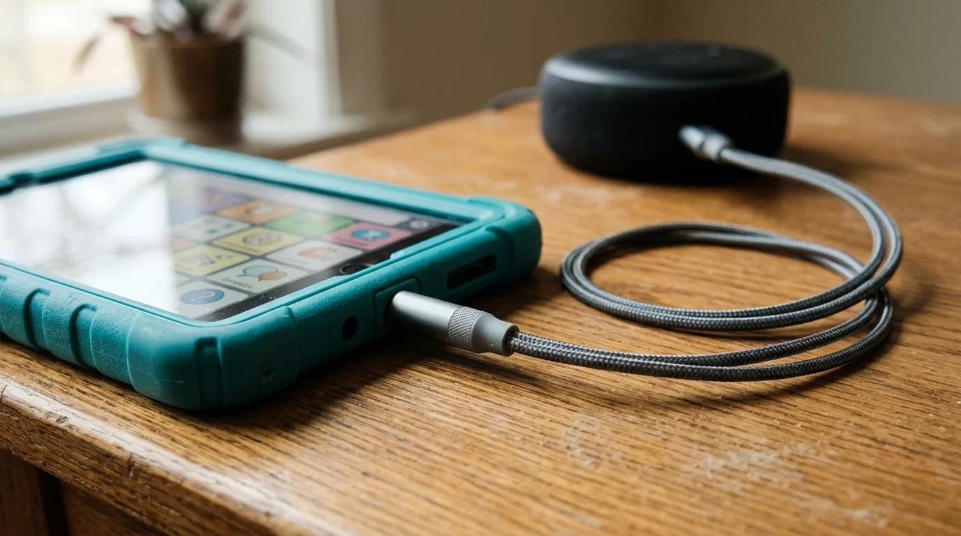 Tablet in a teal protective case connected by an audio cable to a black smart speaker on a wooden table.