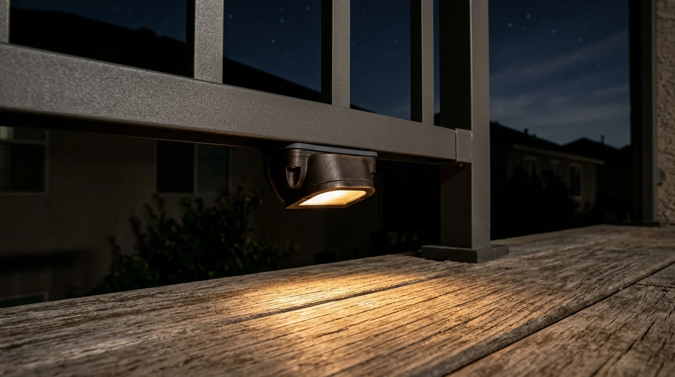 A small, downward-facing deck light mounted under a metal railing, casting warm light onto weathered wood planks at night.