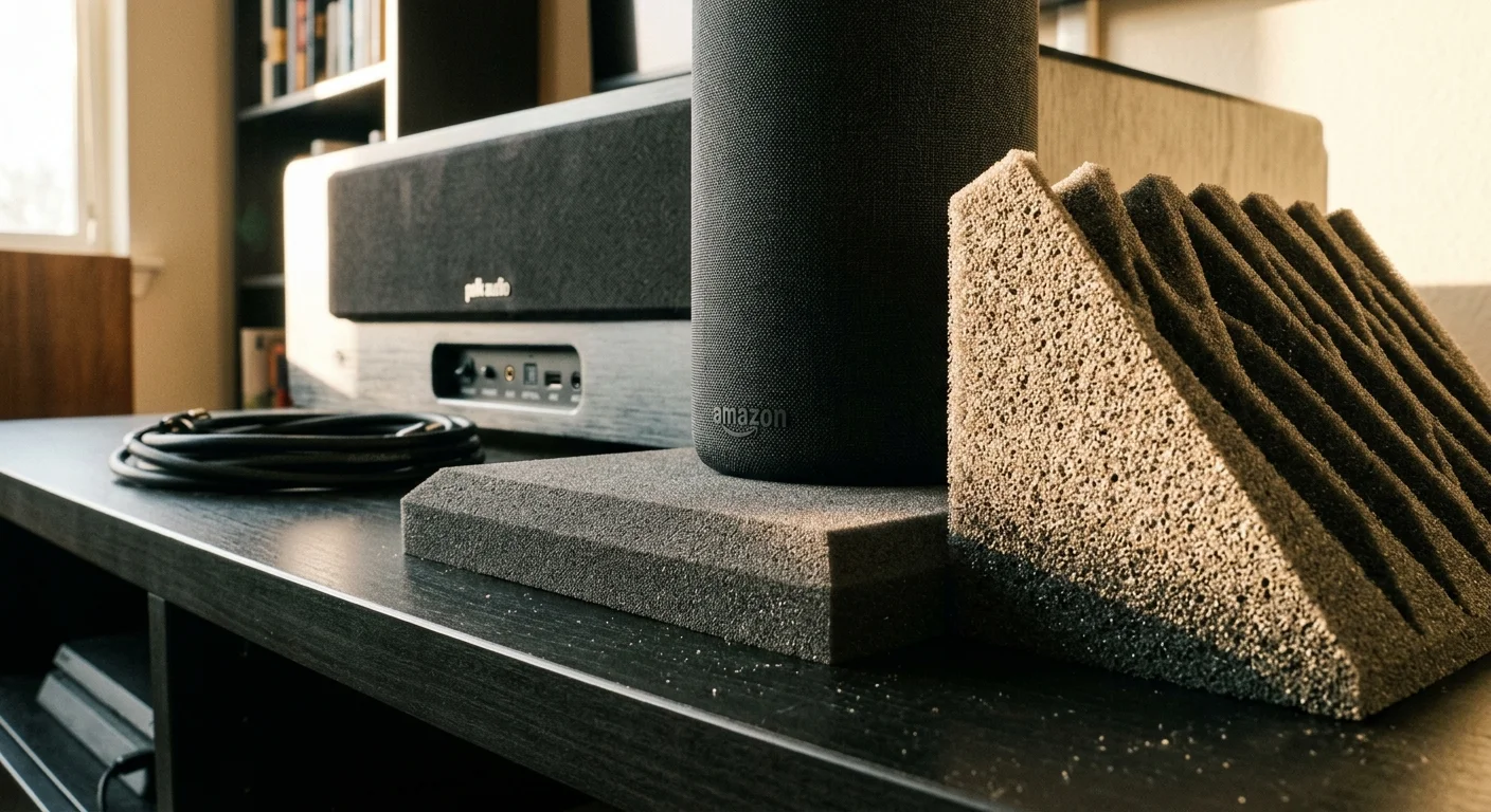 Amazon Echo speaker resting on acoustic foam beside a wedge-shaped acoustic foam pad and a Polk soundbar.