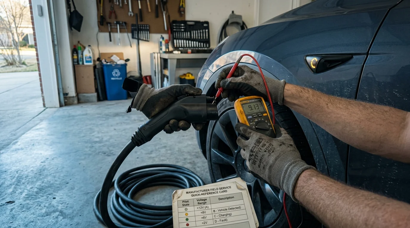 Gloved hands testing an EV charging connector with a digital multimeter next to an electric car and reference card.