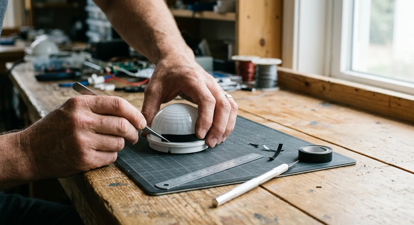 Hands using tweezers to apply a strip of black tape onto the lower edge of a dome-shaped white sensor lens on a workbench.