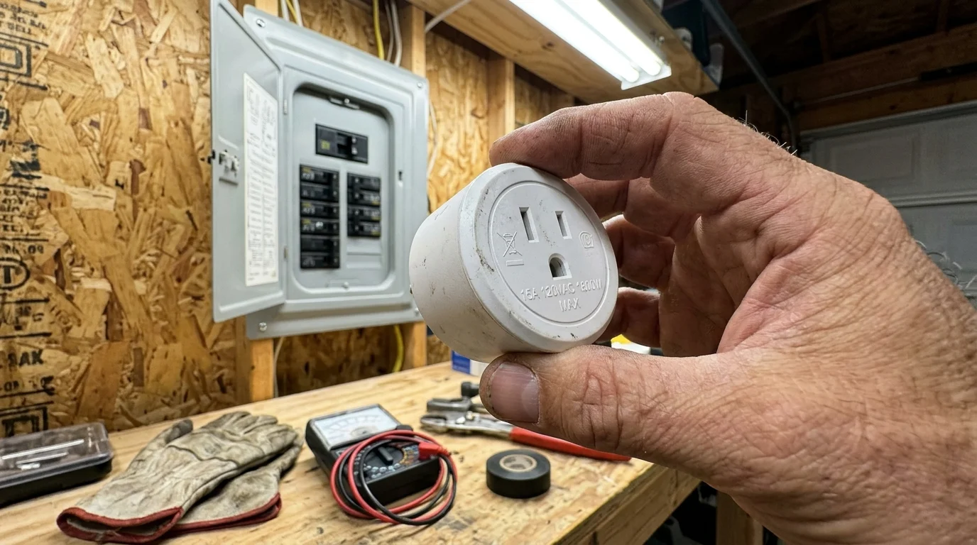 A hand holds a round white smart plug adapter in front of an open electrical breaker panel in a workshop.