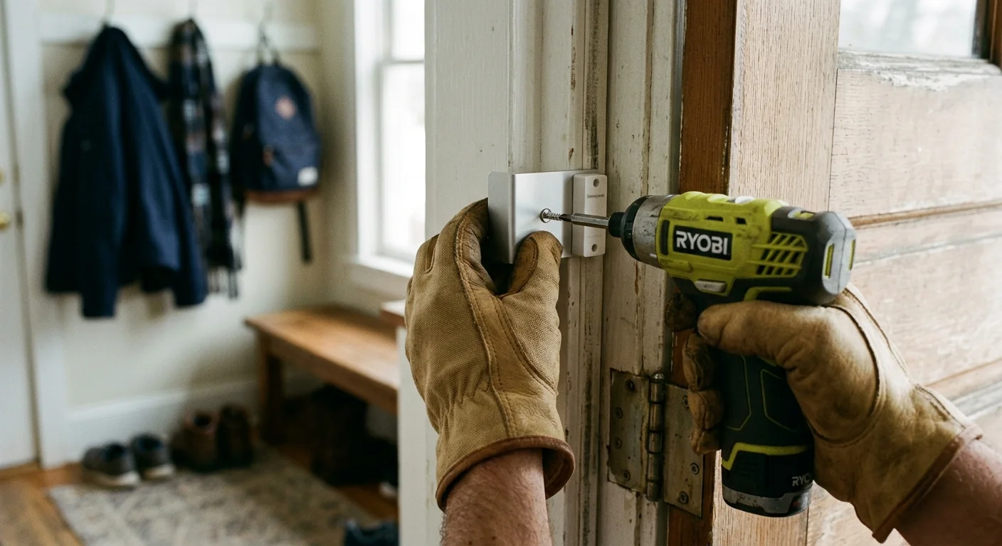 Gloved hands use a cordless power drill to screw a sensor mount into a wooden doorway frame.