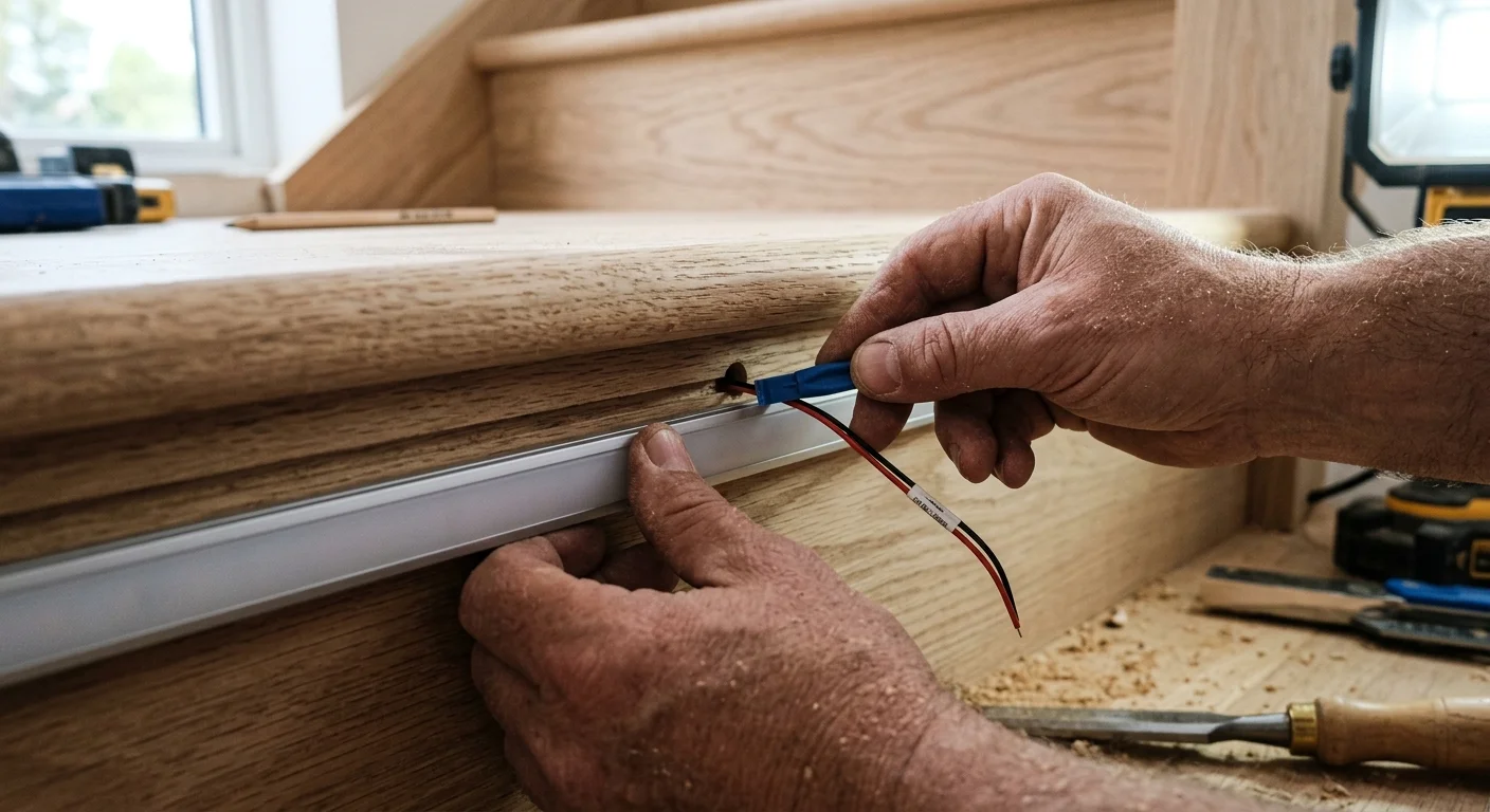Hands installing an LED light channel and threading wires through a drilled hole under a wooden stair nosing.