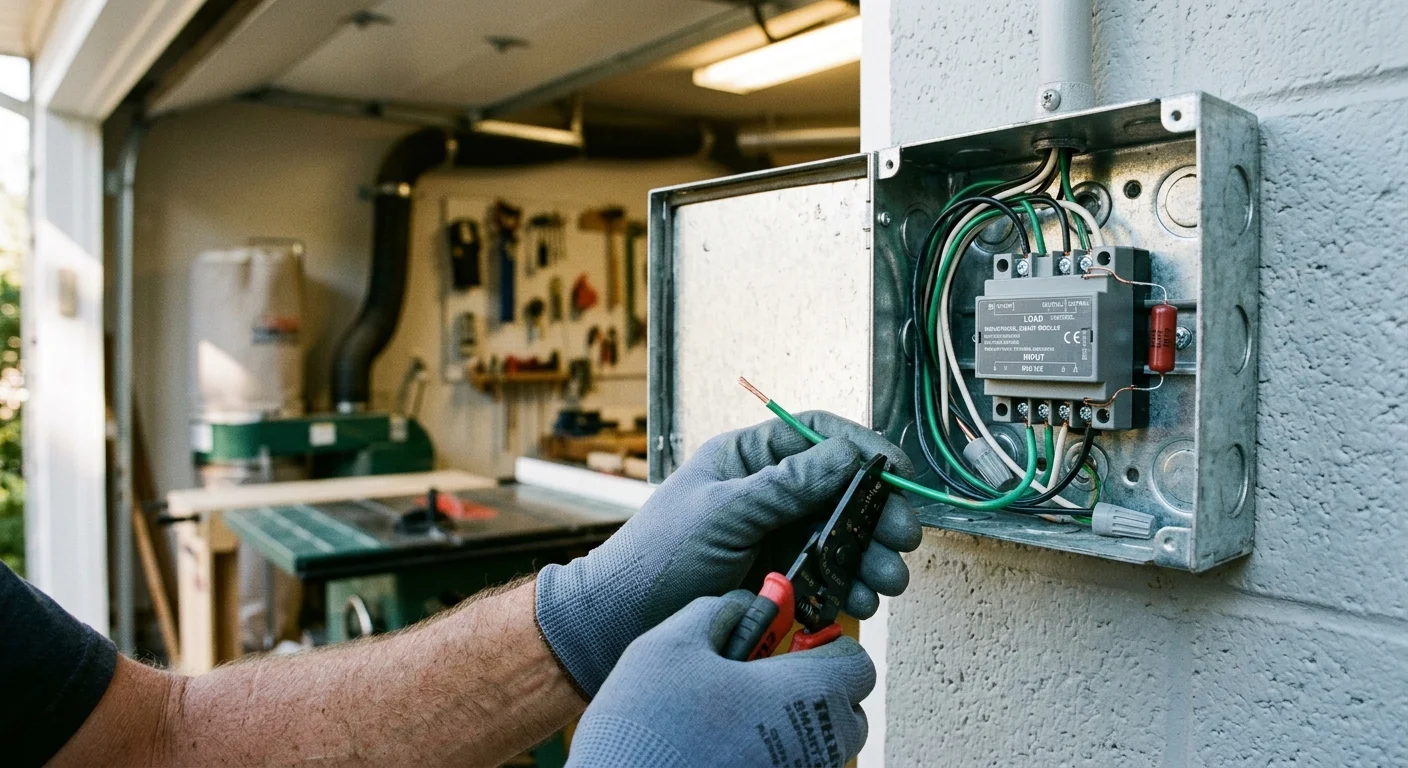Gloved hands stripping a green wire outside an open metal electrical box wired with a relay module on a garage wall.