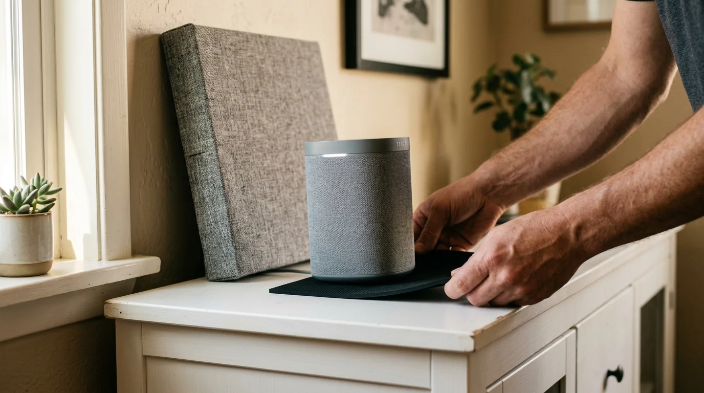 A person places a dark mat beneath a gray smart speaker on a white cabinet next to a square acoustic panel.