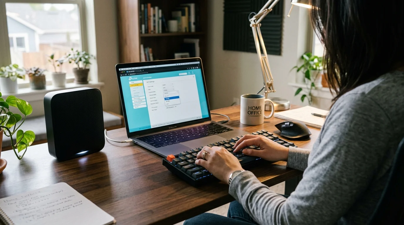 Person typing on a mechanical keyboard at a desk, looking at router settings on a laptop next to a black modem.