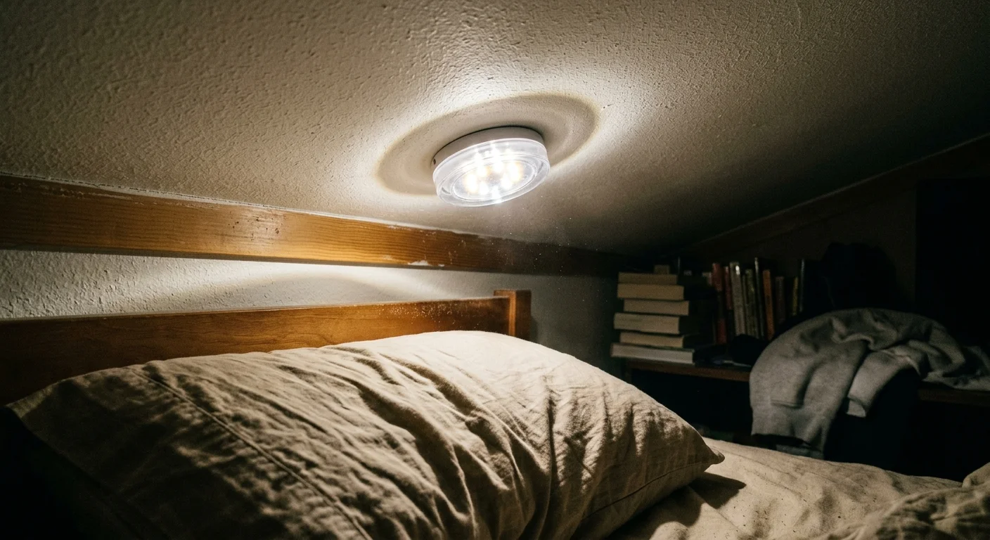 Circular puck light mounted on a low ceiling casting illumination directly over a pillow on a wooden loft bed.
