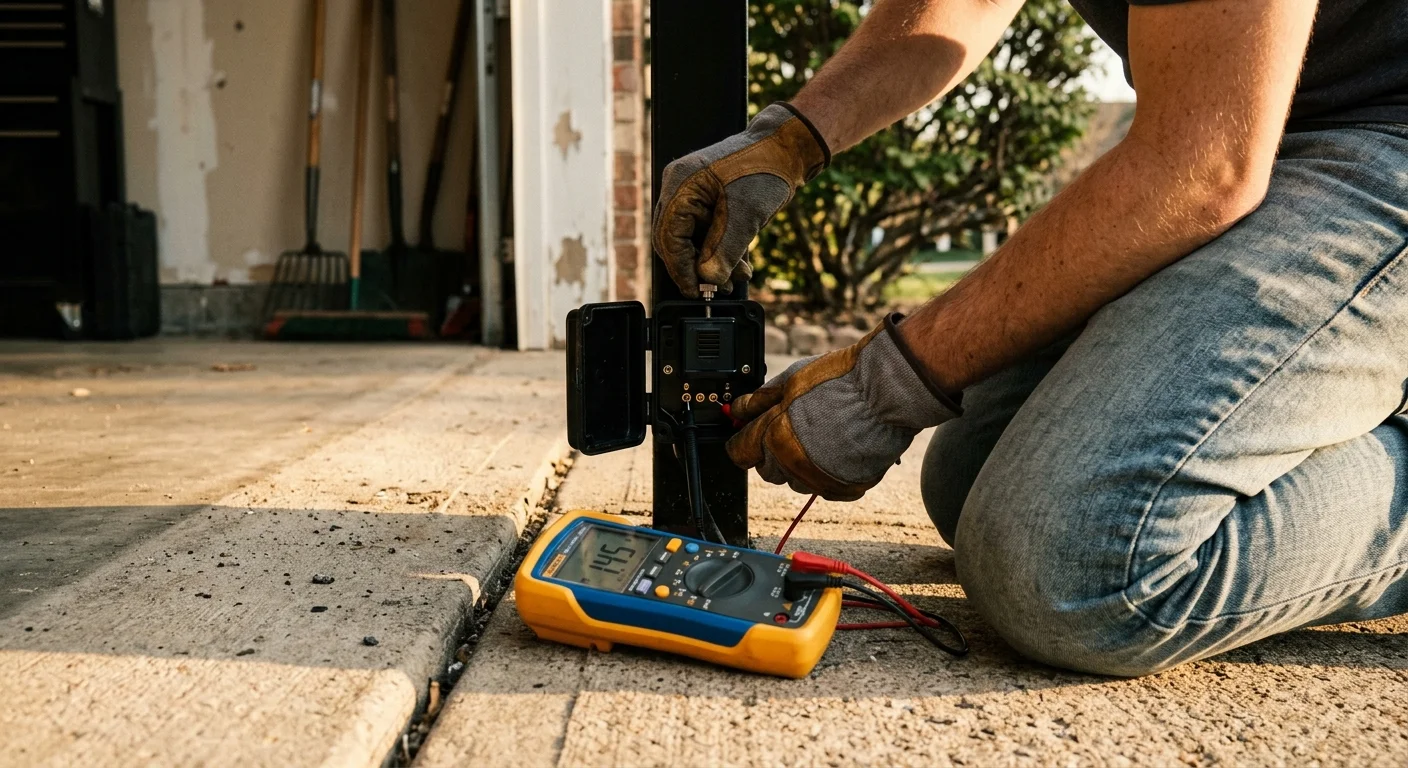 Person kneeling on a driveway adjusts an open sensor box mounted on a black post using a digital multimeter.