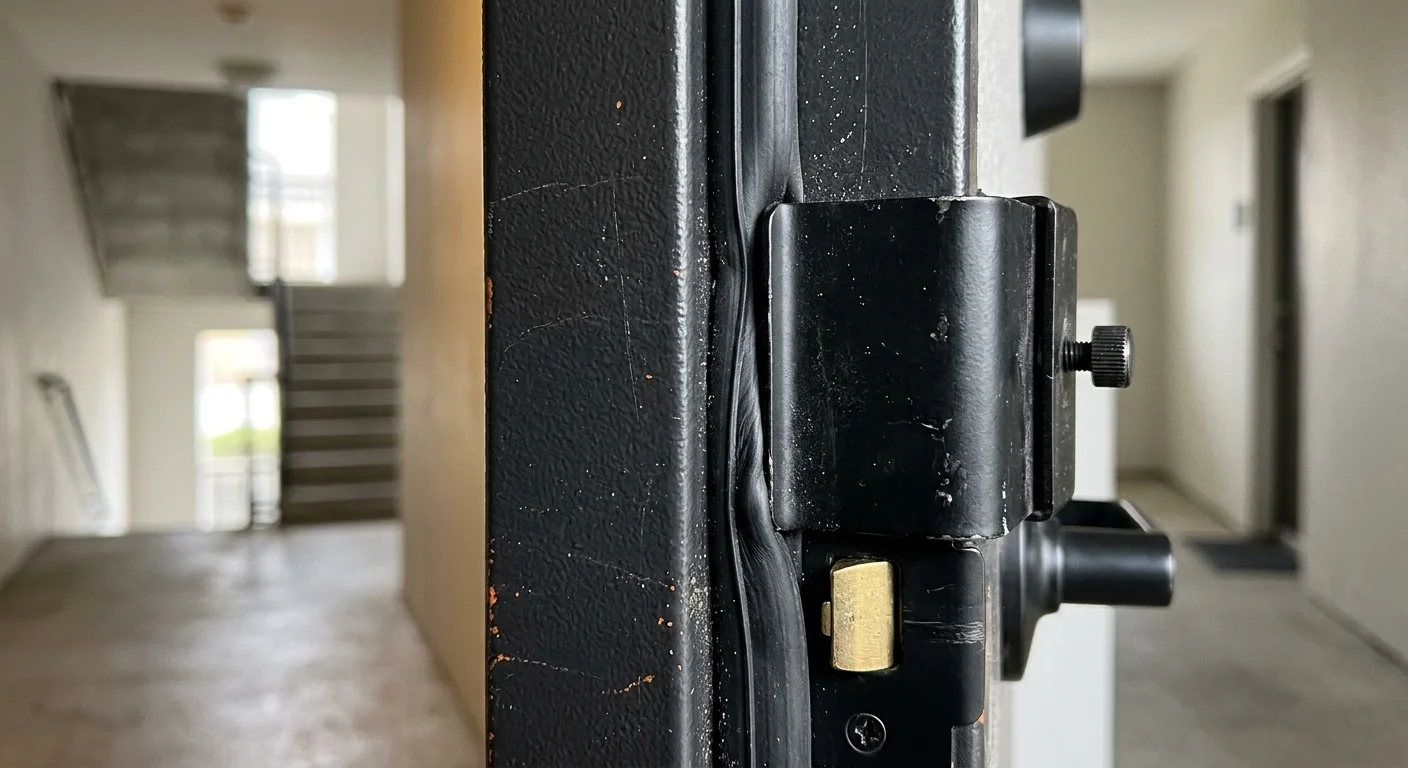 Close-up of a black metal bracket clamped over the edge of a door, compressing and pinching the rubber perimeter seal.