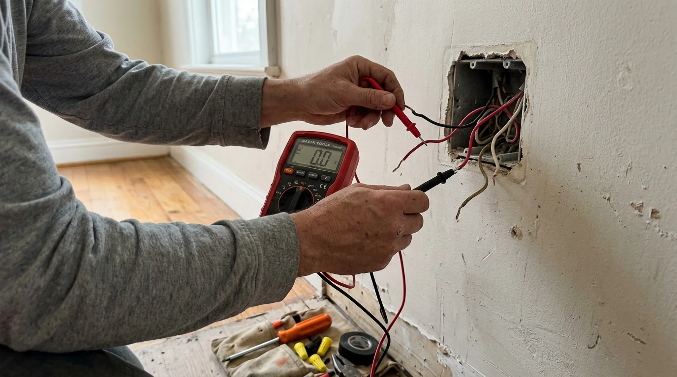 Person using red multimeter probes to test exposed electrical wires coming from a wall junction box.