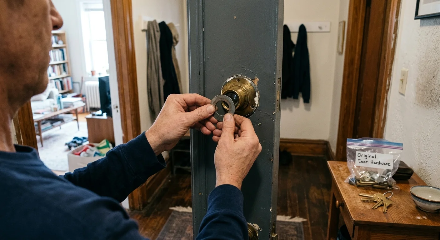 A man places a metal washer over an old brass doorknob on a gray door next to a labeled bag of hardware.