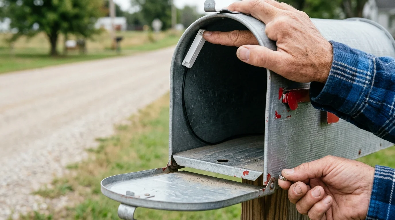 Hands installing a small white contact sensor inside the top opening of an open metal curbside mailbox.