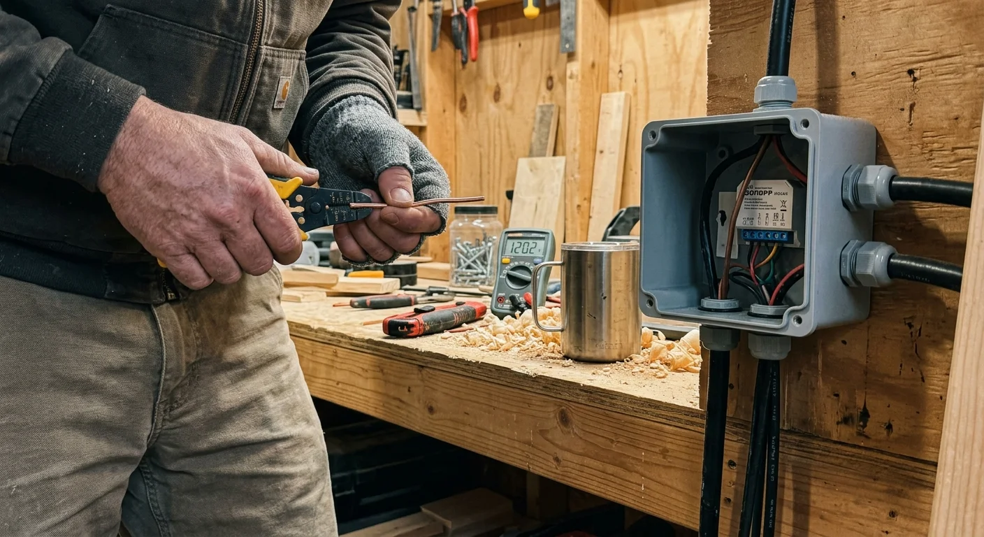 A person using wire strippers on a copper wire next to an open electrical enclosure box on a workshop bench.