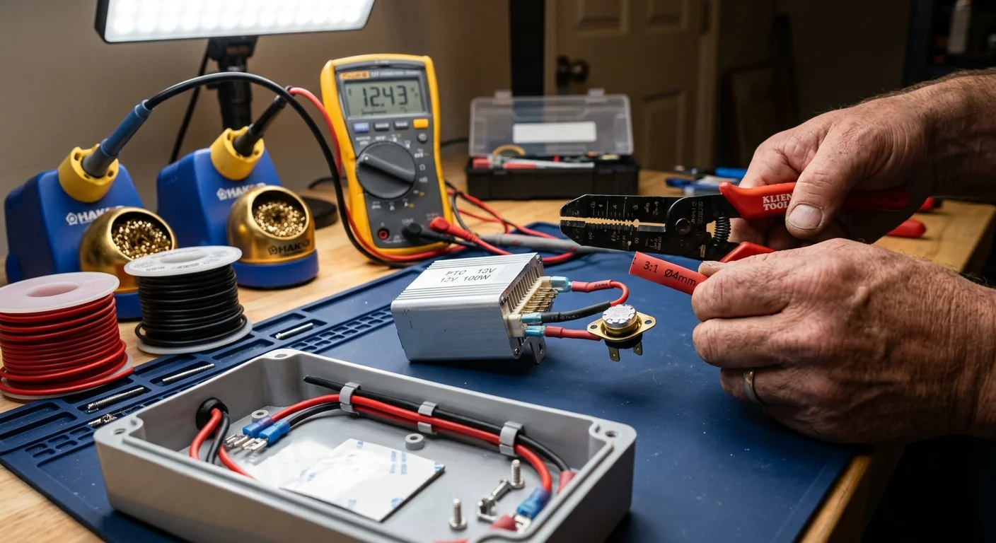 Hands using wire strippers near a multimeter, soldering stations, plastic enclosure, and a small aluminum heating unit.