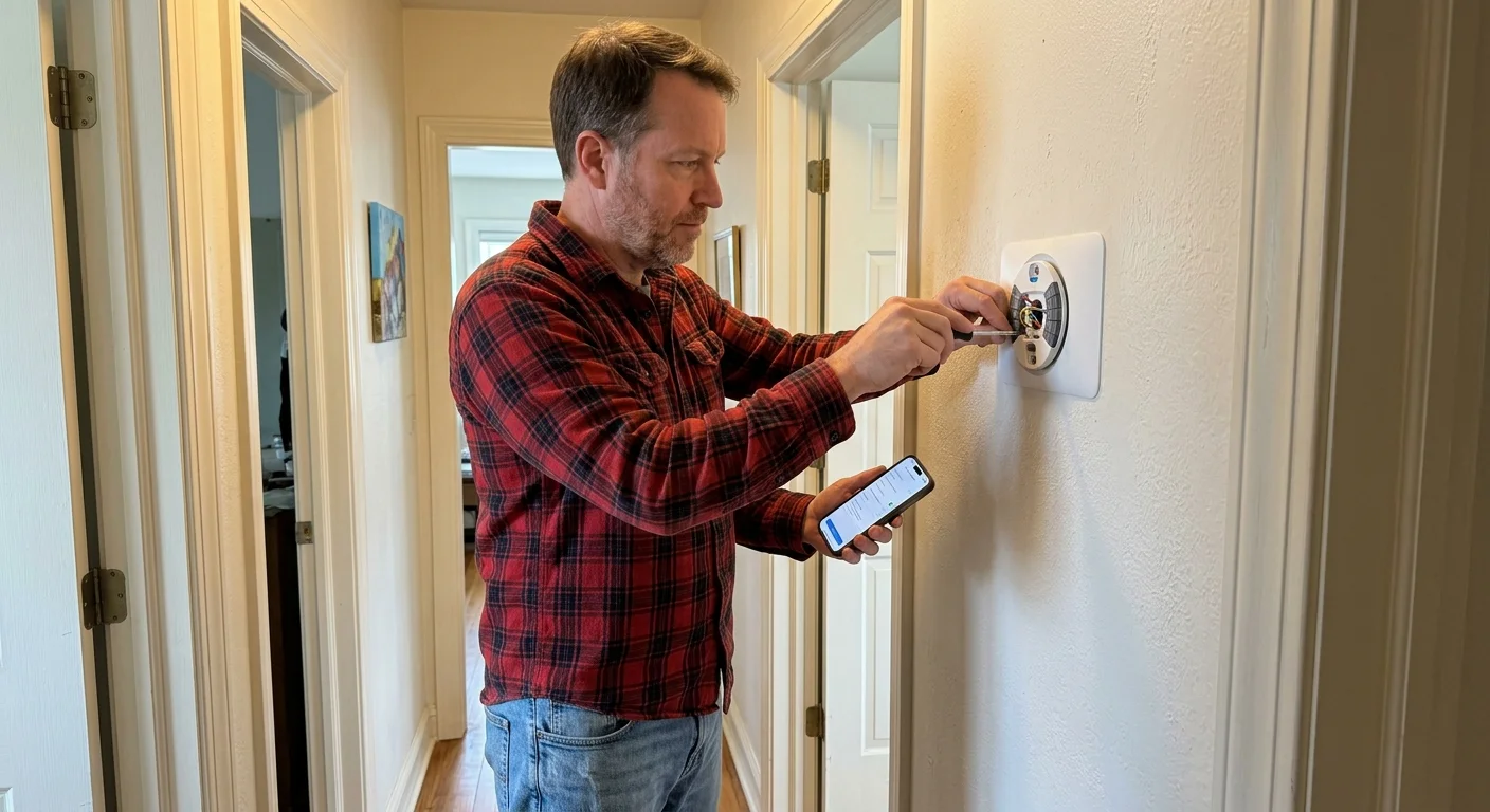 Man in a red plaid shirt uses a screwdriver to install a smart thermostat wall plate while holding a smartphone.