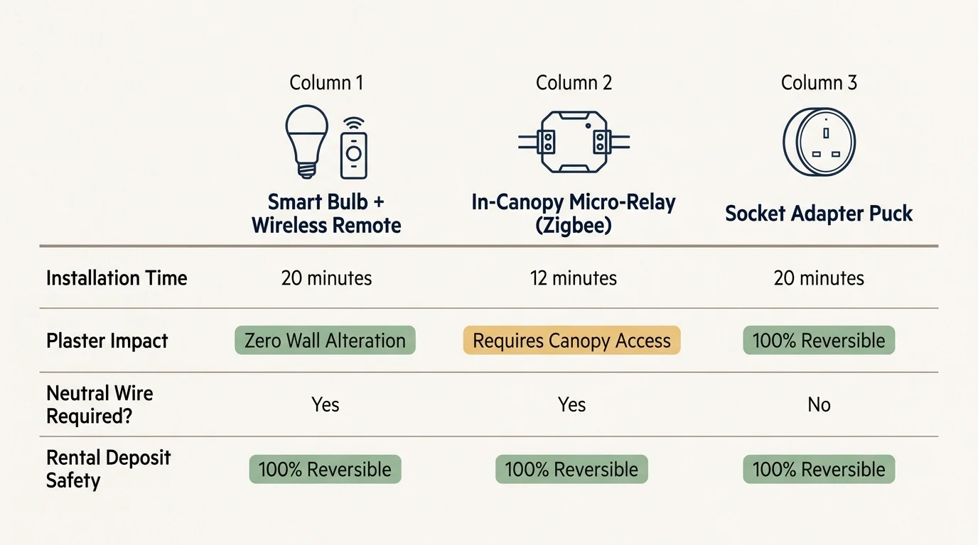 Table comparing Smart Bulb, In-Canopy Micro-Relay, and Socket Adapter Puck by install time, plaster impact, and wiring.