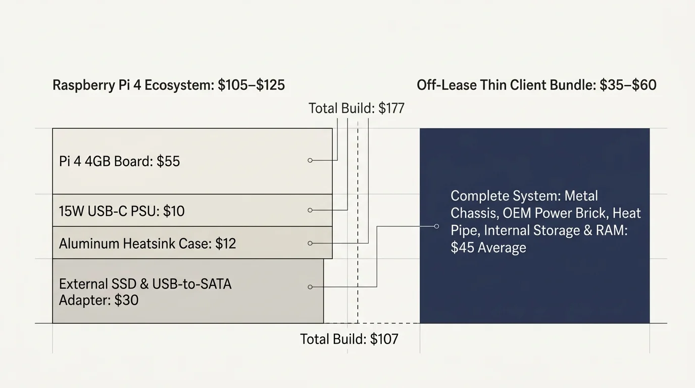 Cost comparison chart contrasting itemized Raspberry Pi 4 setup expenses against an off-lease thin client bundle.
