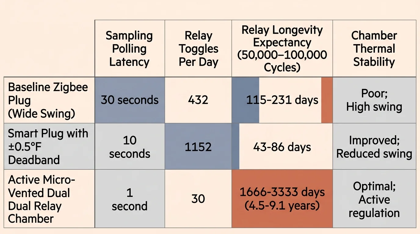Table comparing polling latency, daily relay toggles, relay longevity expectancy, and thermal stability across setups.