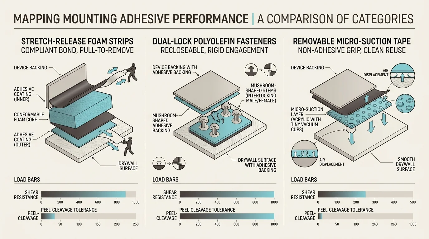 Diagram comparing shear resistance and peel cleavage of foam strips, dual-lock polyolefin fasteners, and micro-suction tape.