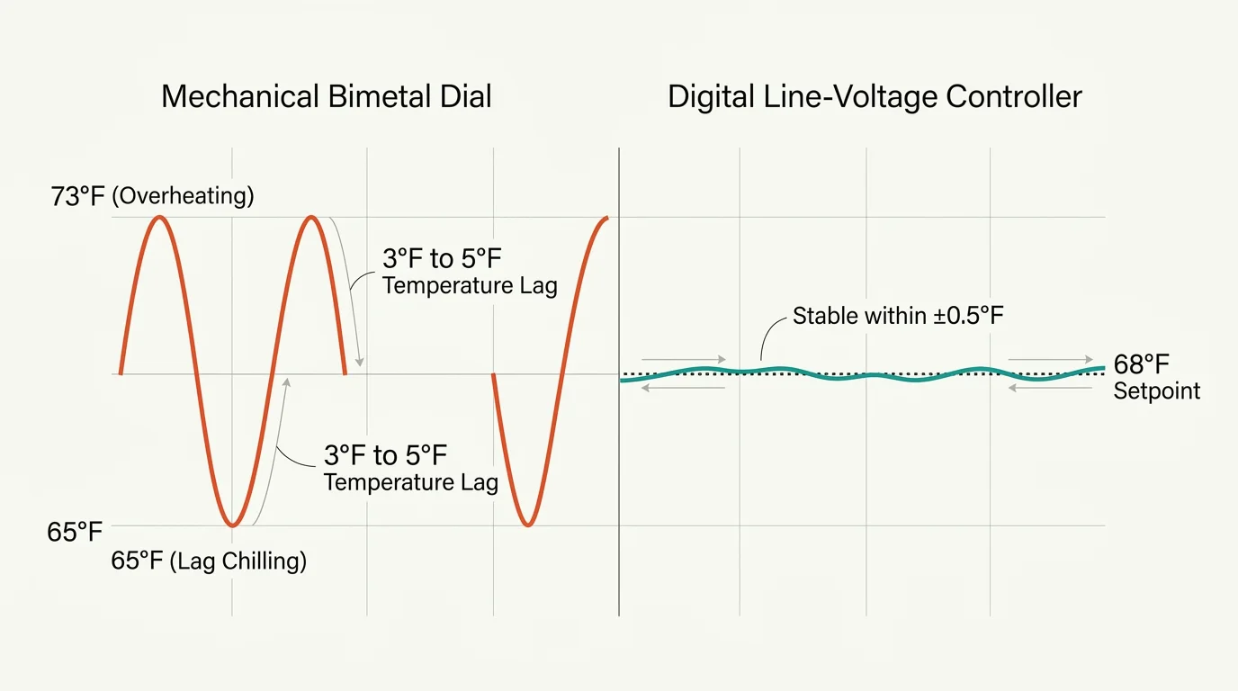 Graph contrasting large wave fluctuations of a mechanical bimetal dial with the nearly flat line of a digital controller.