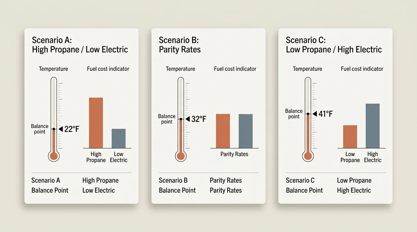 Three panels comparing fuel cost indicators and thermometer balance points across three propane and electric price scenarios.