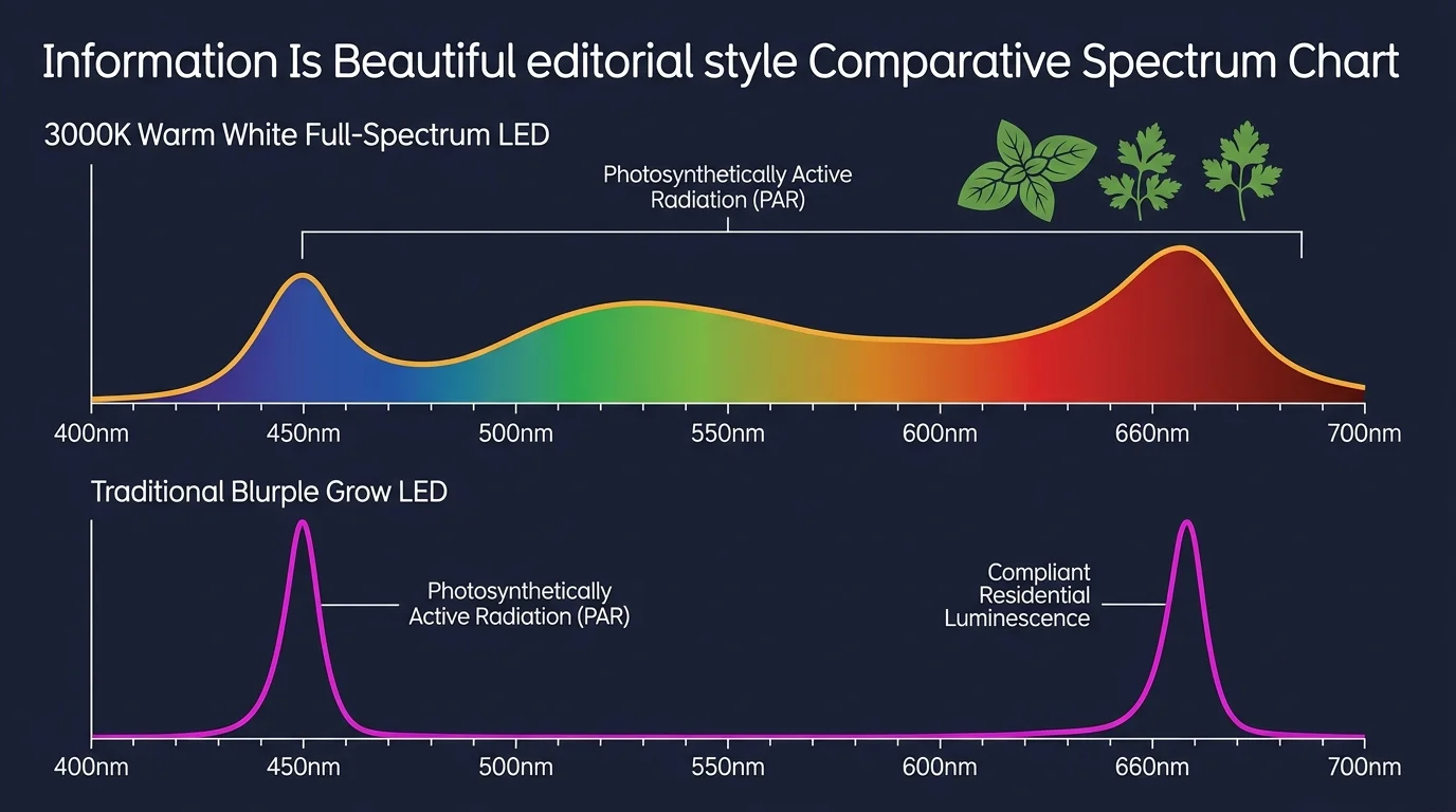 Comparative spectrum chart of 3000K warm white LED versus traditional blurple grow LED with peaks at 450nm and 660nm.