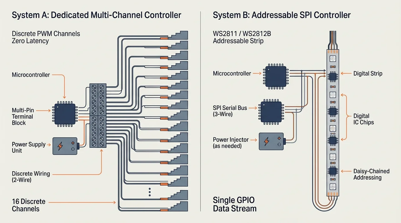Wiring diagram comparing System A multi-channel discrete wiring to System B addressable SPI controller digital strip.