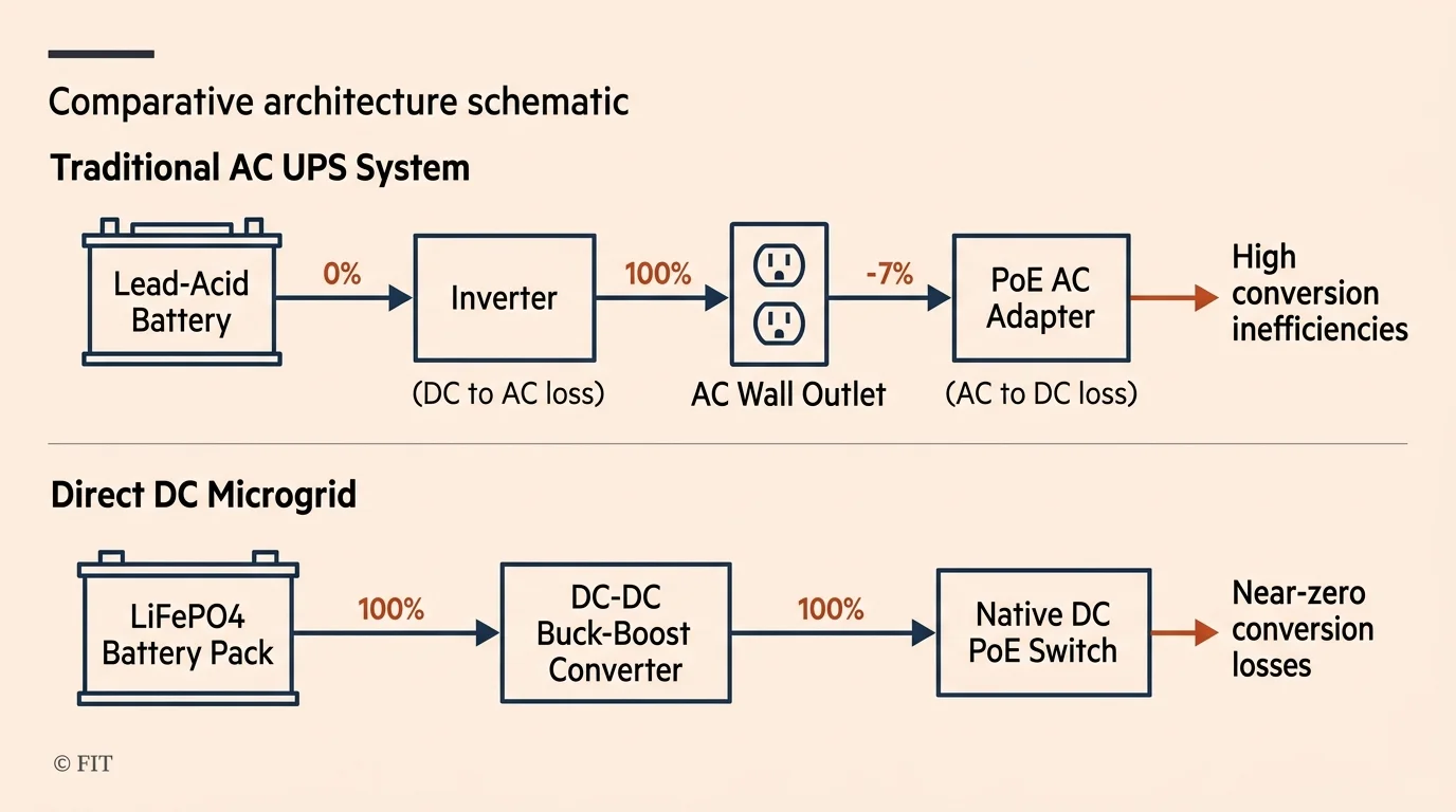 Diagram comparing a traditional AC UPS system to a direct DC microgrid with LiFePO4 battery and DC-DC converter.