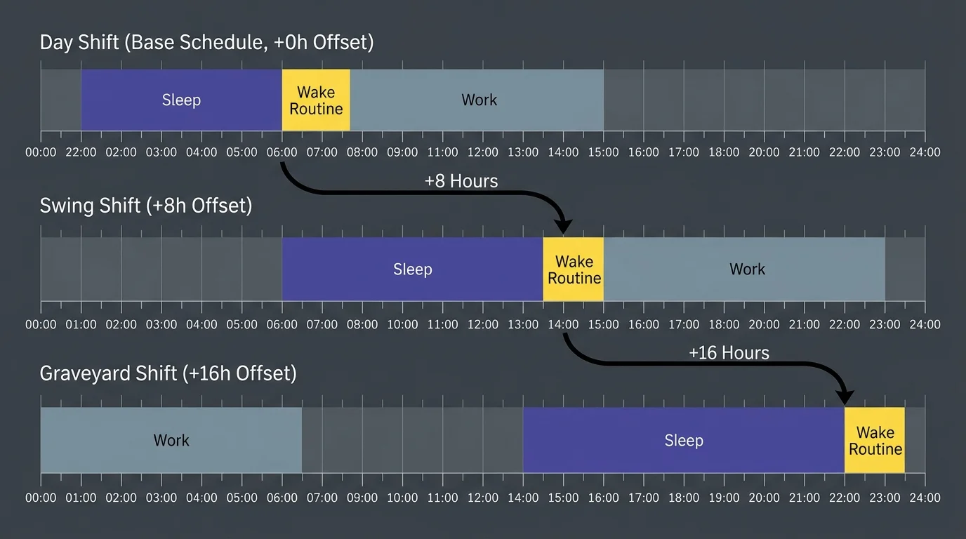 Diagram of three shift timelines showing Day, Swing, and Graveyard routines shifted by plus 8 and plus 16 hours.