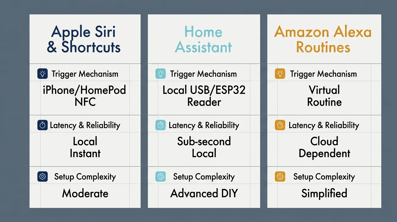 Comparison chart detailing trigger mechanism, latency, and setup complexity for Apple Siri, Home Assistant, and Amazon Alexa.