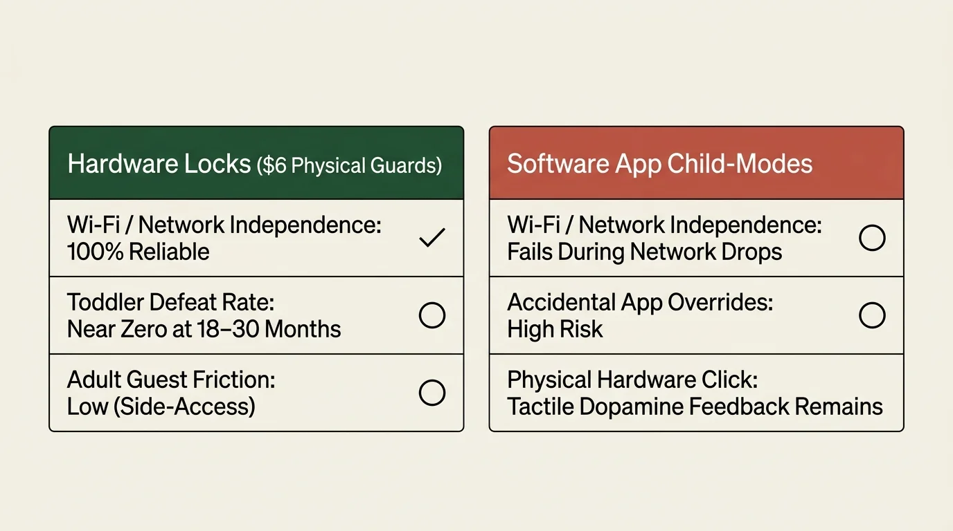 Comparison table contrasting hardware locks with software app child-modes across network reliability and toddler access.