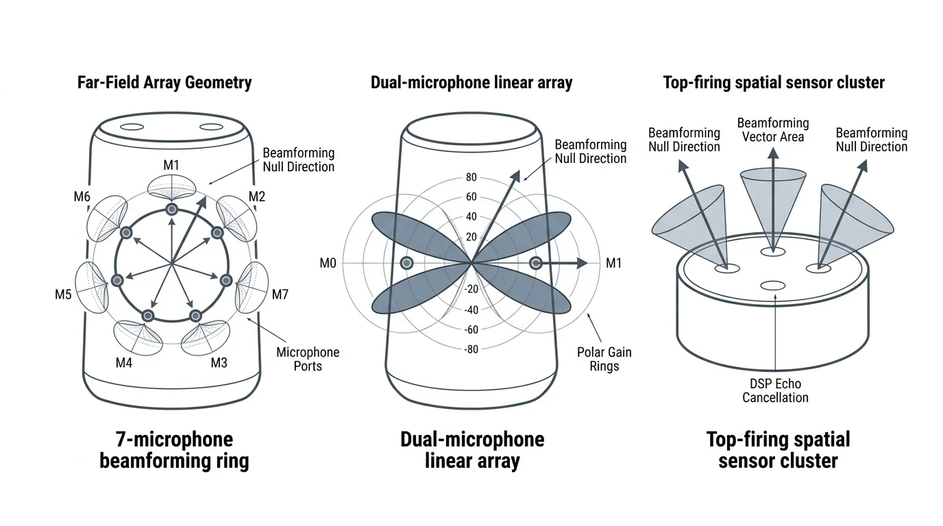 Diagrams of three speaker microphone layouts showing a 7-microphone ring, dual-microphone array, and spatial sensor cluster.