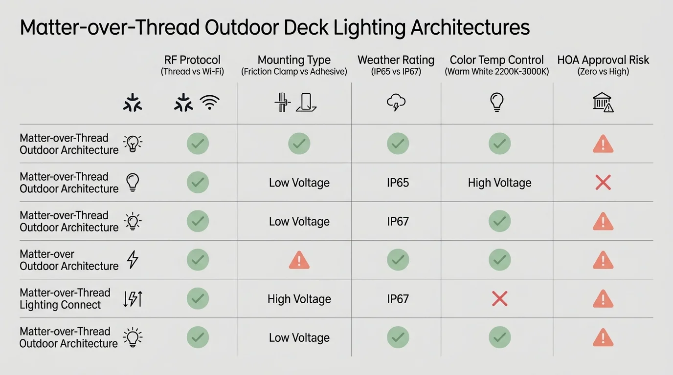 Comparison table of Matter-over-Thread outdoor deck lighting architectures detailing RF protocol, mounting, and ratings.