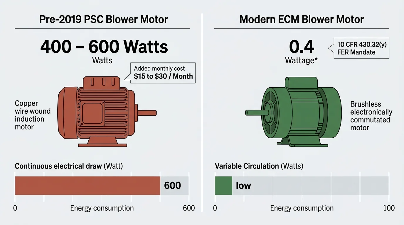 Diagram comparing a pre-2019 PSC blower motor drawing 400 to 600 watts against a modern ECM blower motor.