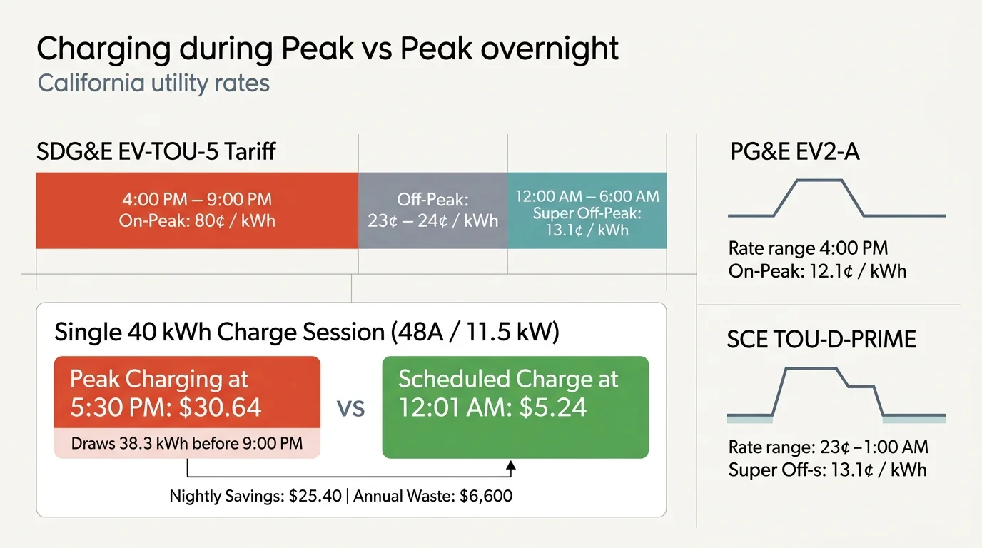 Infographic comparing California utility rates and charging costs between peak hours and overnight for SDG&E, PG&E, and SCE.