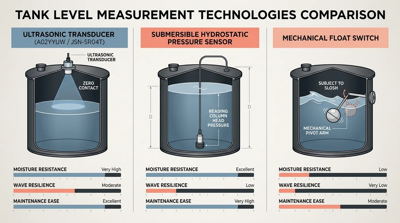 Diagram comparing ultrasonic, submersible hydrostatic pressure, and mechanical float switch sensors across three water tanks.