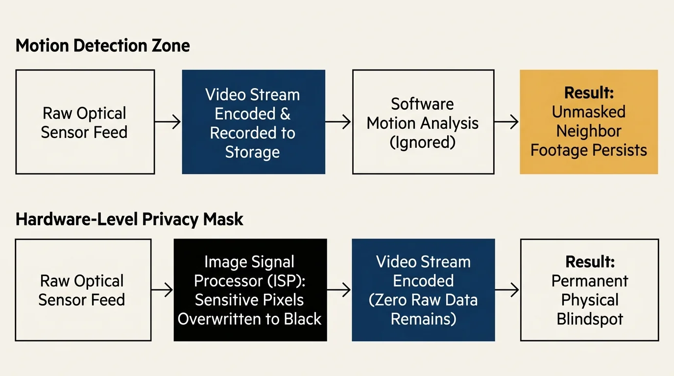 Diagram comparing the processing pipelines of motion detection zones versus hardware-level privacy masks.