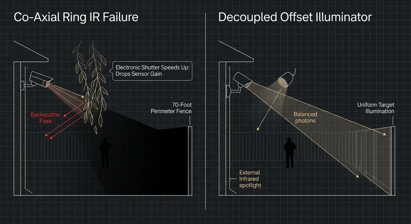 Diagram comparing co-axial IR camera glare from foliage against balanced lighting from a decoupled offset illuminator.