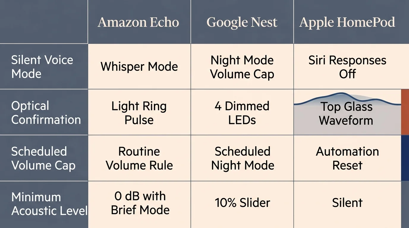 Comparison table of night modes, optical confirmations, volume caps, and acoustic levels for Amazon, Google, and Apple speakers.