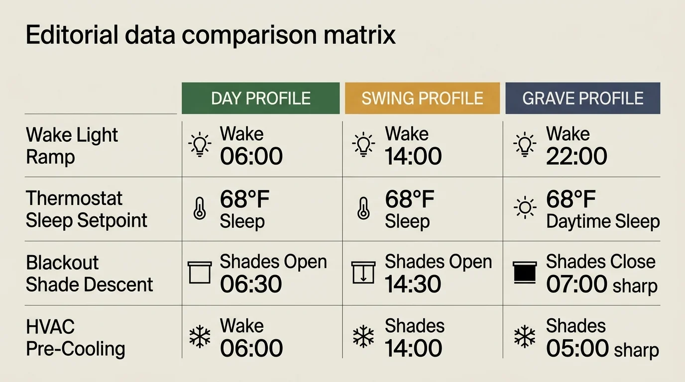 Data comparison table showing Day, Swing, and Grave profile automation parameters for wake light, thermostat, and shades.