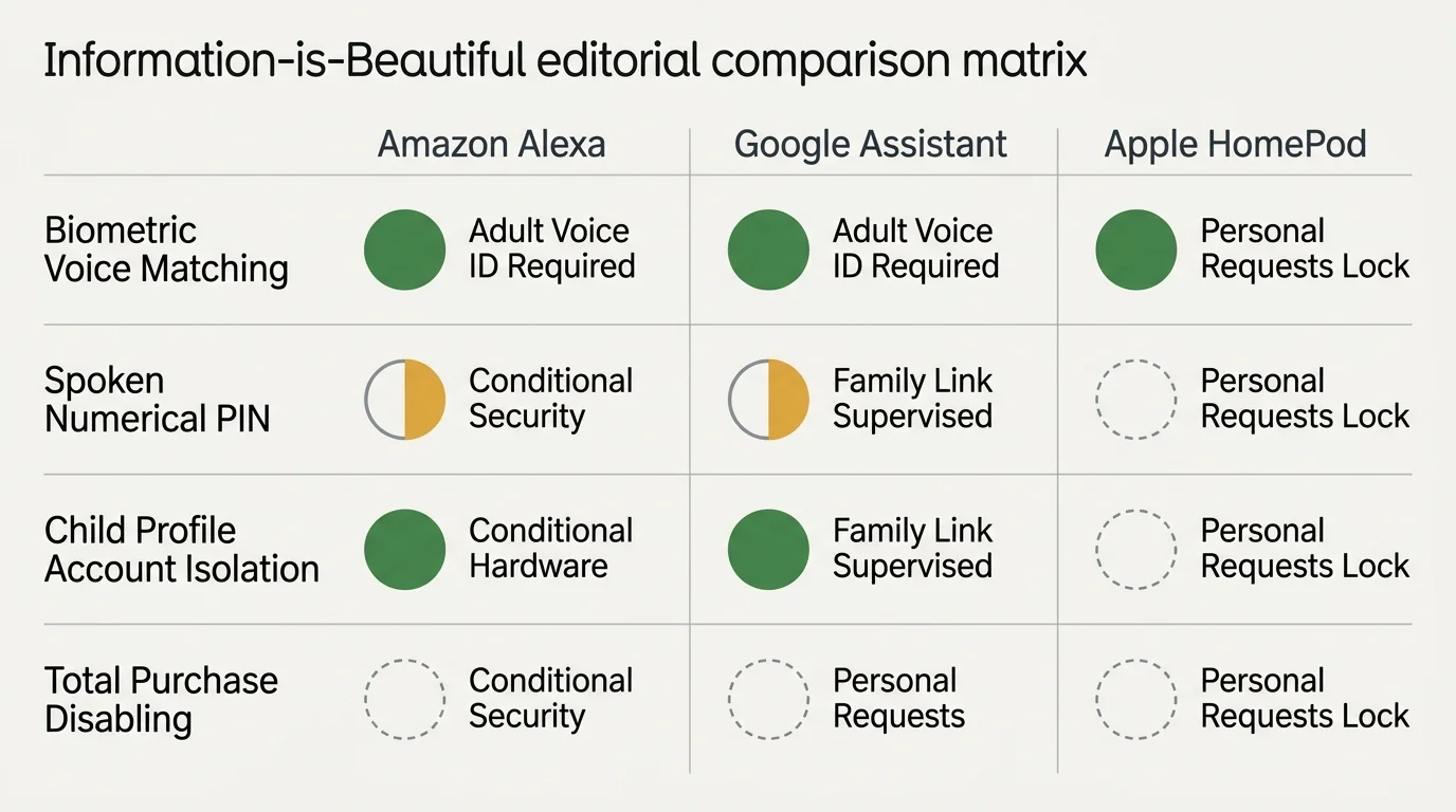 Comparison matrix comparing Amazon Alexa, Google Assistant, and Apple HomePod across four voice purchasing features.