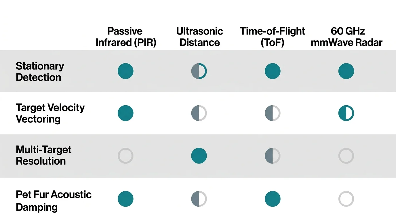Comparison chart rating PIR, Ultrasonic, ToF, and mmWave sensors across stationary detection and tracking capabilities.