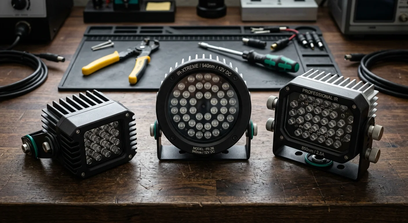 Three heavy-duty infrared LED illuminators with ribbed metal heat sinks resting on a wooden workbench with tools.