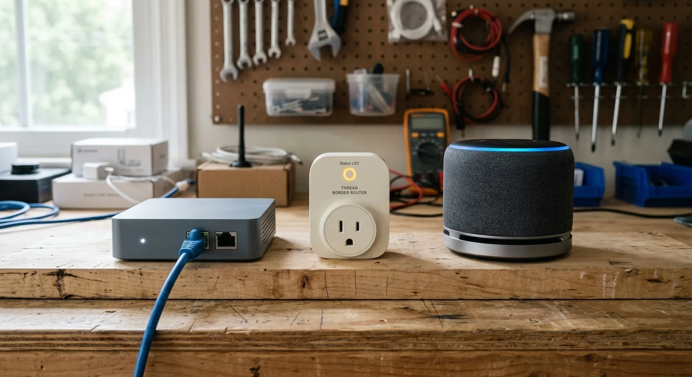 Three smart home devices including an Ethernet-connected hub, a smart plug, and a speaker on a workshop workbench.