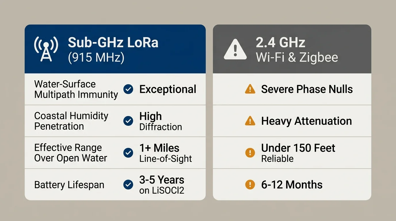 Comparison chart rating Sub-GHz LoRa against 2.4 GHz Wi-Fi and Zigbee across multipath, humidity, range, and battery life.