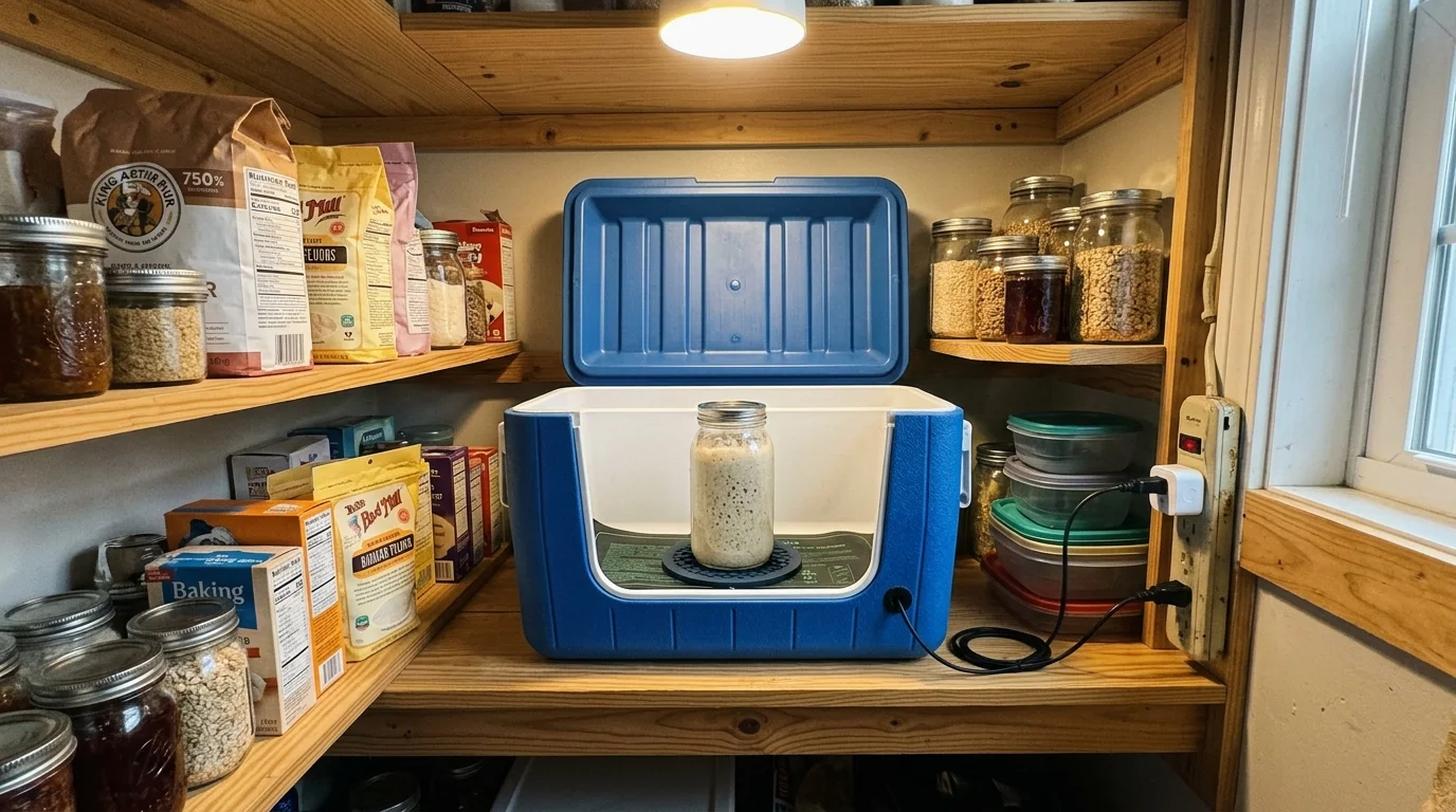 Sourdough starter jar inside an open blue cooler on a wooden pantry shelf, plugged into a smart outlet.